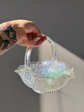Gorg Vintage Carnival Glass Iridescent Basket